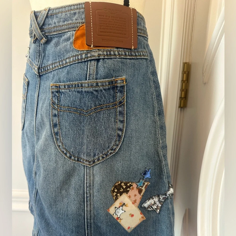 Coach NWOT 100% Cotton Denim Patchwork Button Up Sequin Embroidery Skirt- Size 4 - Picture 9 of 13